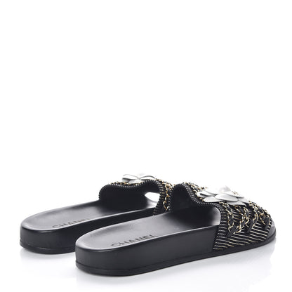 Chanel Calfskin Chain Camellia Flat Sandals 40 Black 4 of 8