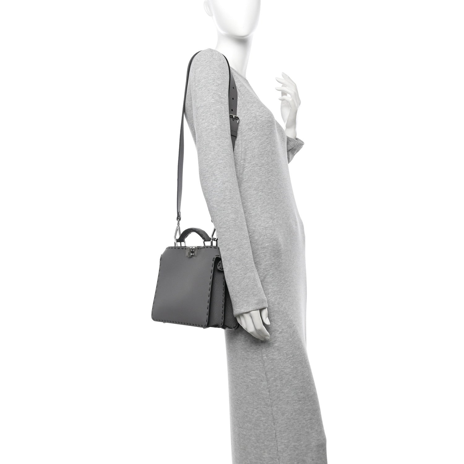 Fendi Cuoio Romano Selleria Macro Stitching Mini Peekaboo I SEE U Iconic Satchel Argento 2 of 11