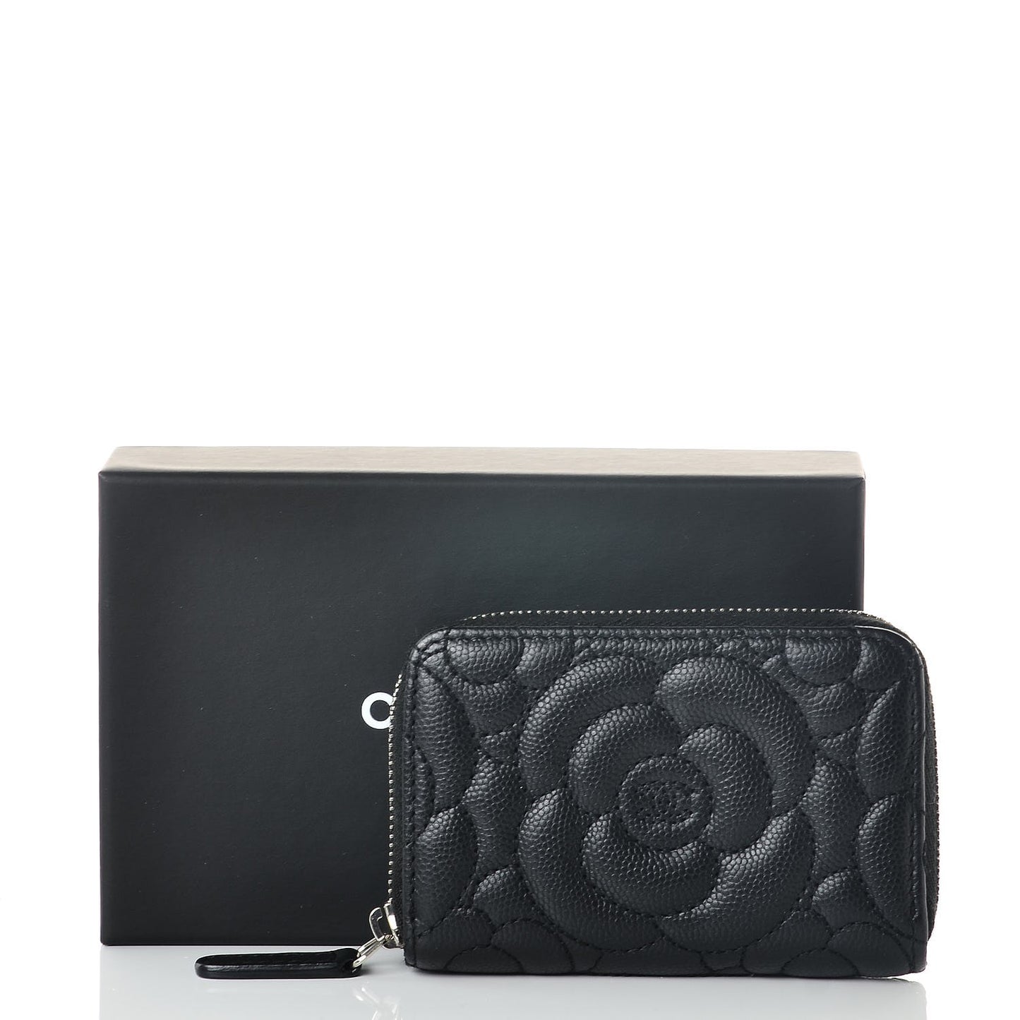 Caviar Camellia Embossed Zip Coin Purse Black