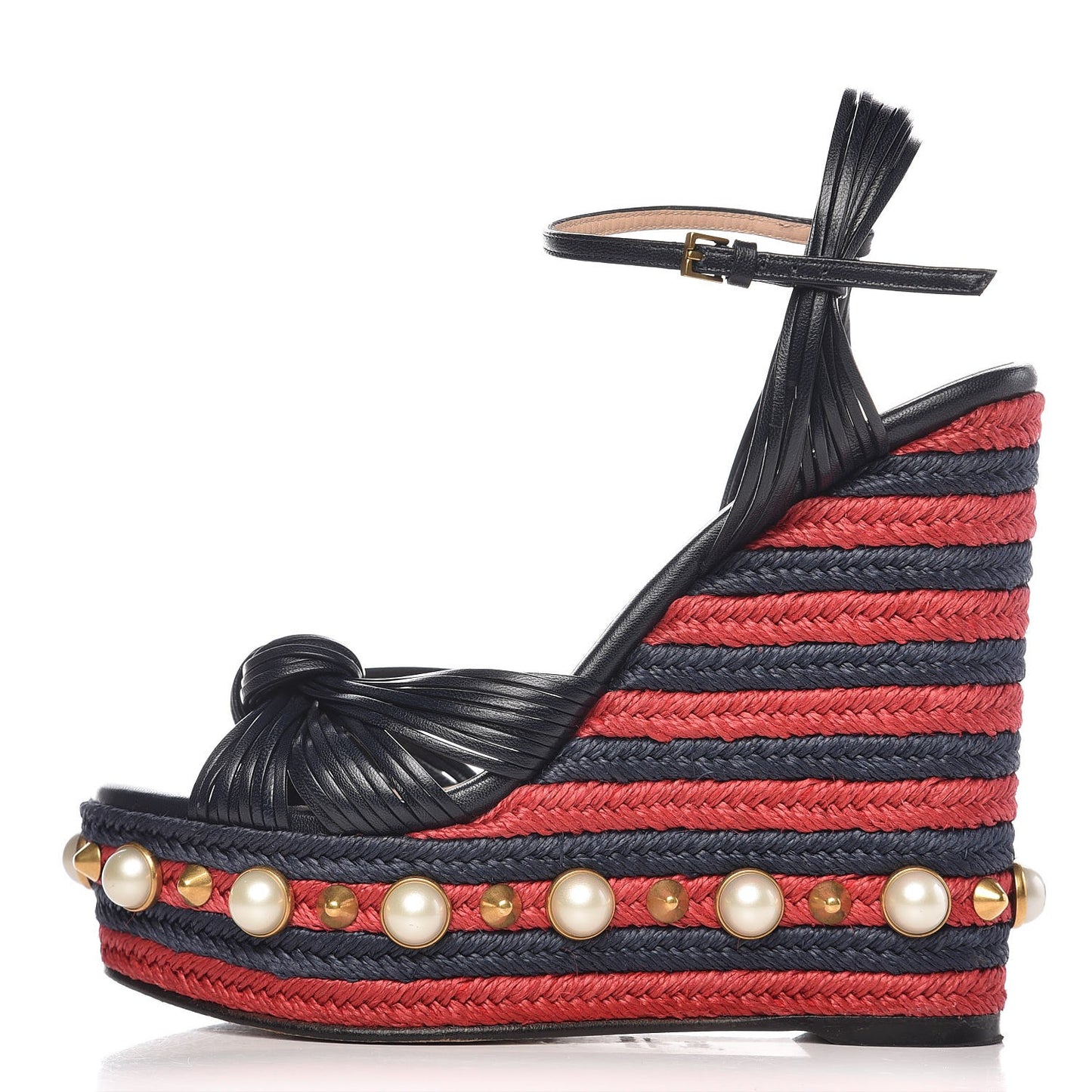 Raffia Calfskin Pearl Embellished Barbette Espadrille Platform Wedge Sandals 36.5 Midnight Blue Red