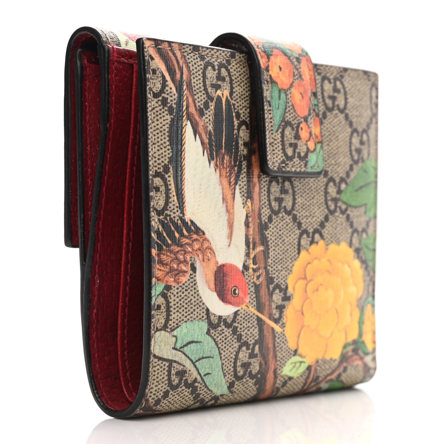 GG Supreme Monogram Tian French Flap Wallet Beige Multicolor Red
