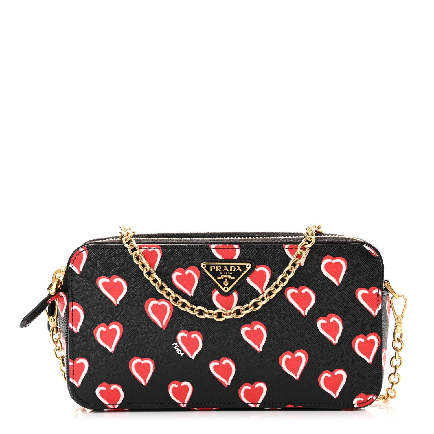 Prada Saffiano Heart Print Mini Double Zip Chain Crossbody Bag Black 1 of 8