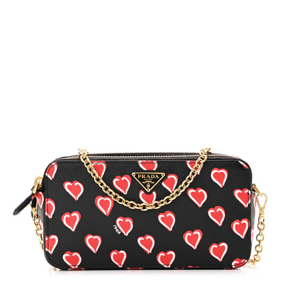 Prada Saffiano Heart Print Mini Double Zip Chain Crossbody Bag Black 1 of 8