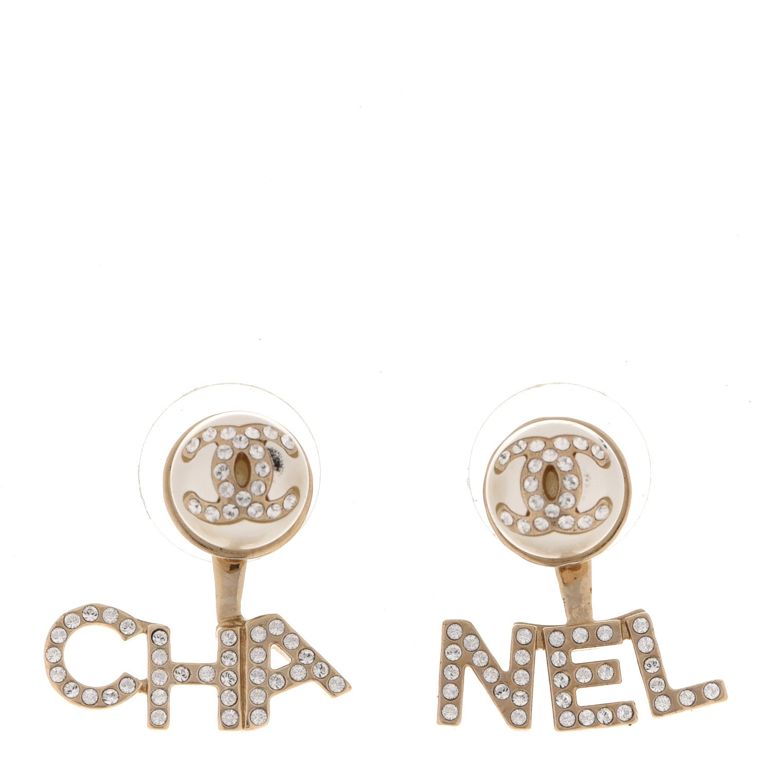 Chanel Pearl Crystal Logo Earrings Gold Pearly White 1 of 5