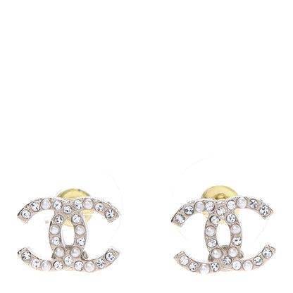 Chanel Pearl Crystal CC Charms Stud Earrings Light Gold 2 of 10