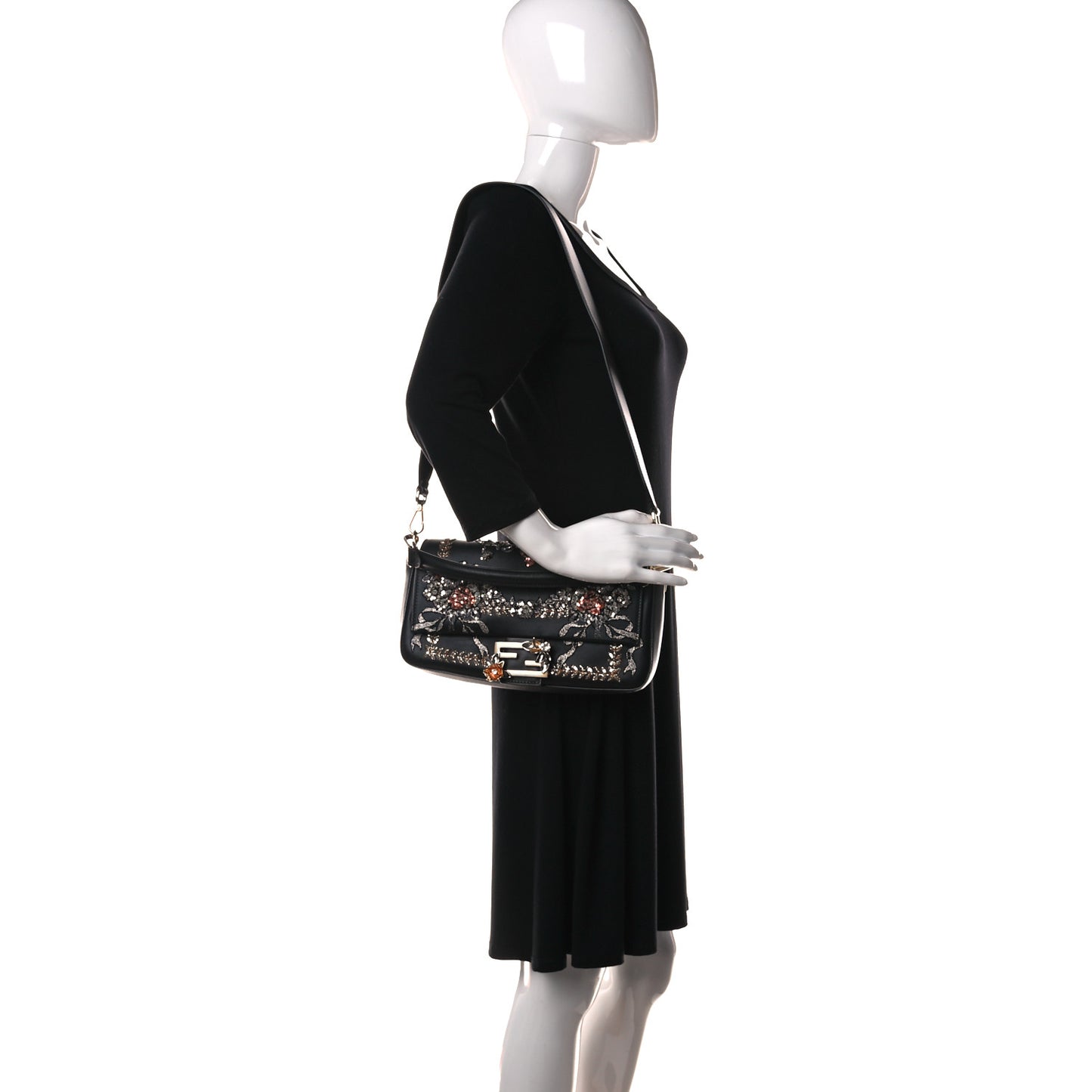 Calfskin Embroidered Baguette Black