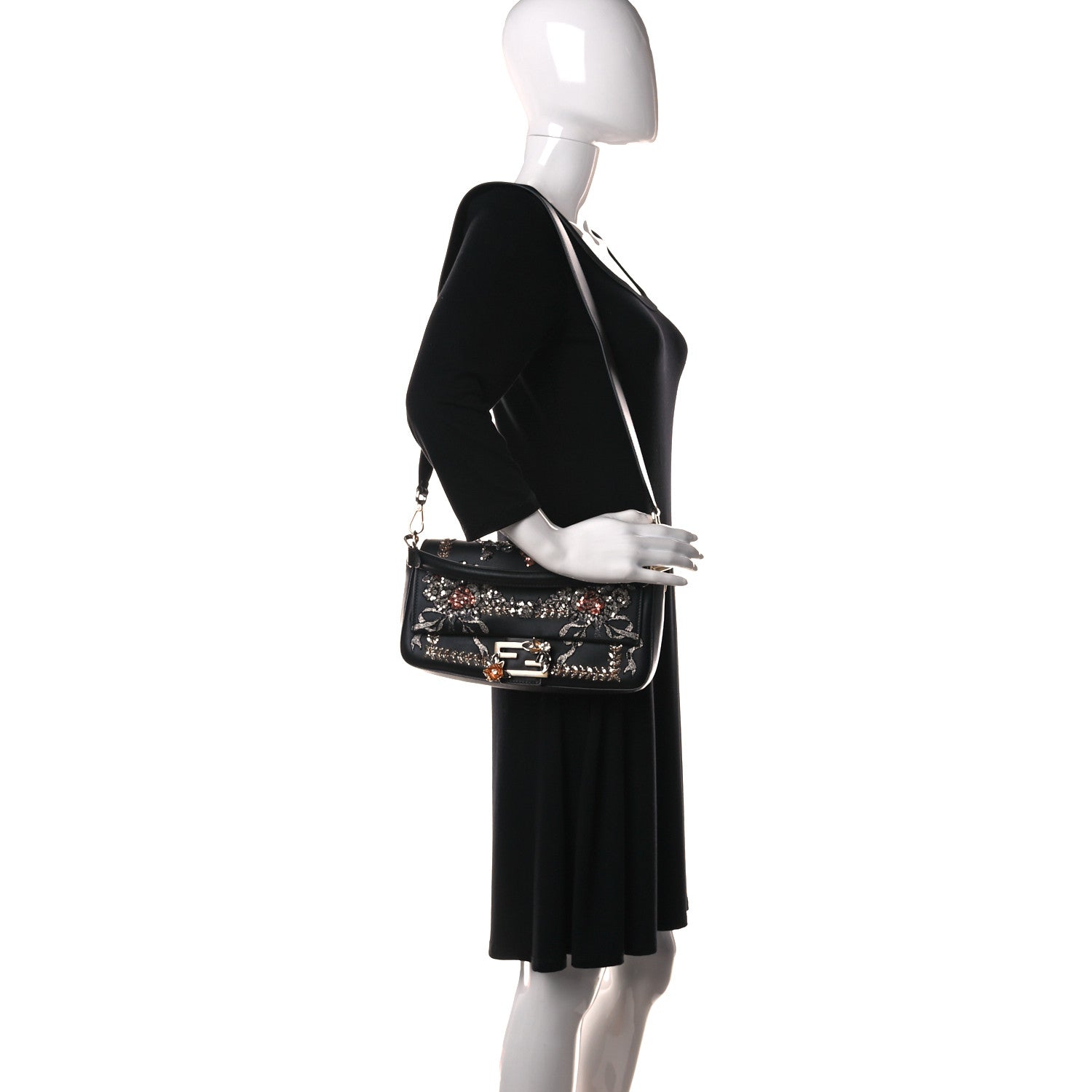 Fendi Calfskin Embroidered Baguette Black 3 of 9