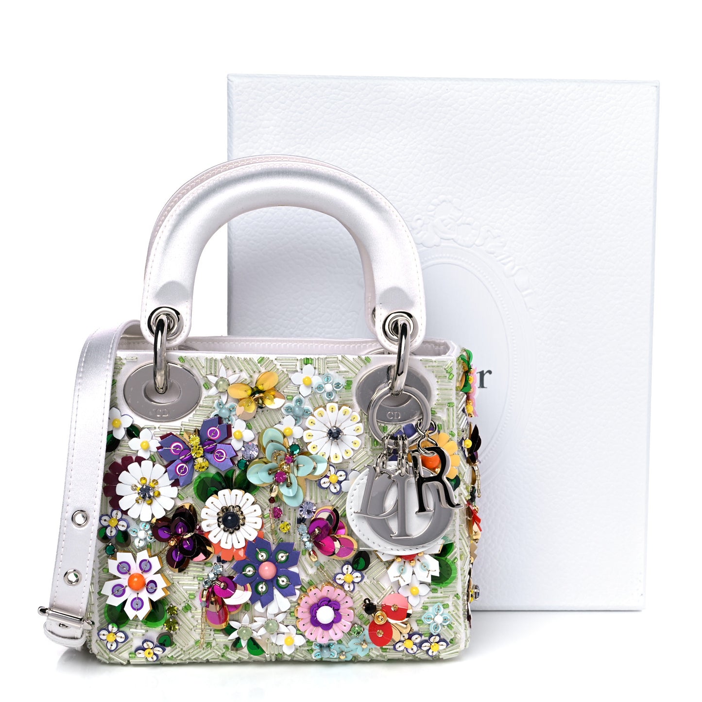 Satin Beaded Floral Embroidered Mini Lady Dior White Multicolor