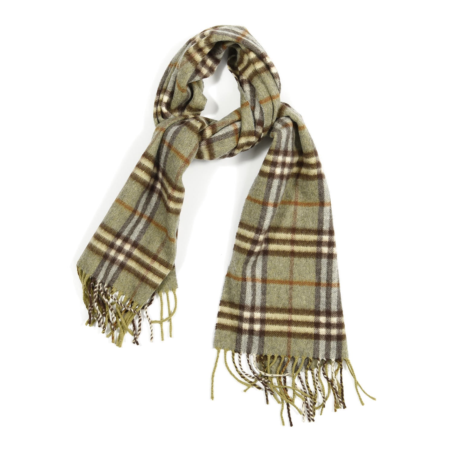 Burberry Cashmere Vintage Check Fringe Scarf Green 1 of 3