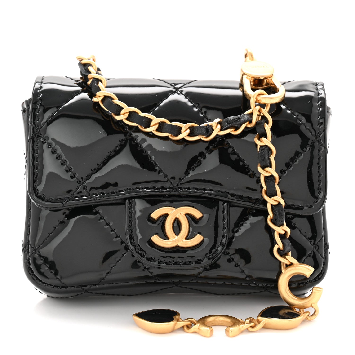 Chanel Patent Enamel Quilted Coco Hearts Clutch With Chain Black 9 of 12
