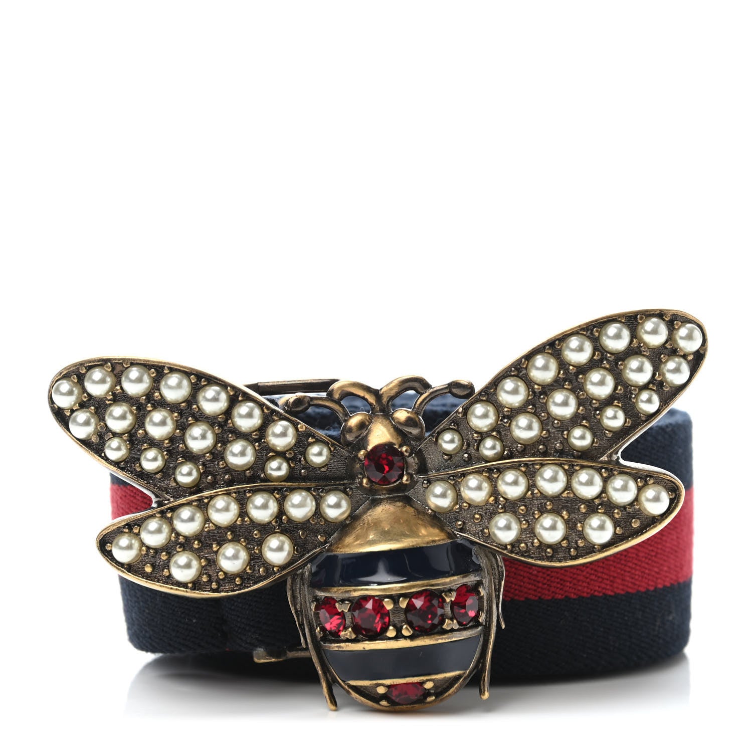 Gucci Web Queen Margaret Bee Belt 90 36 Red Navy 1 of 3