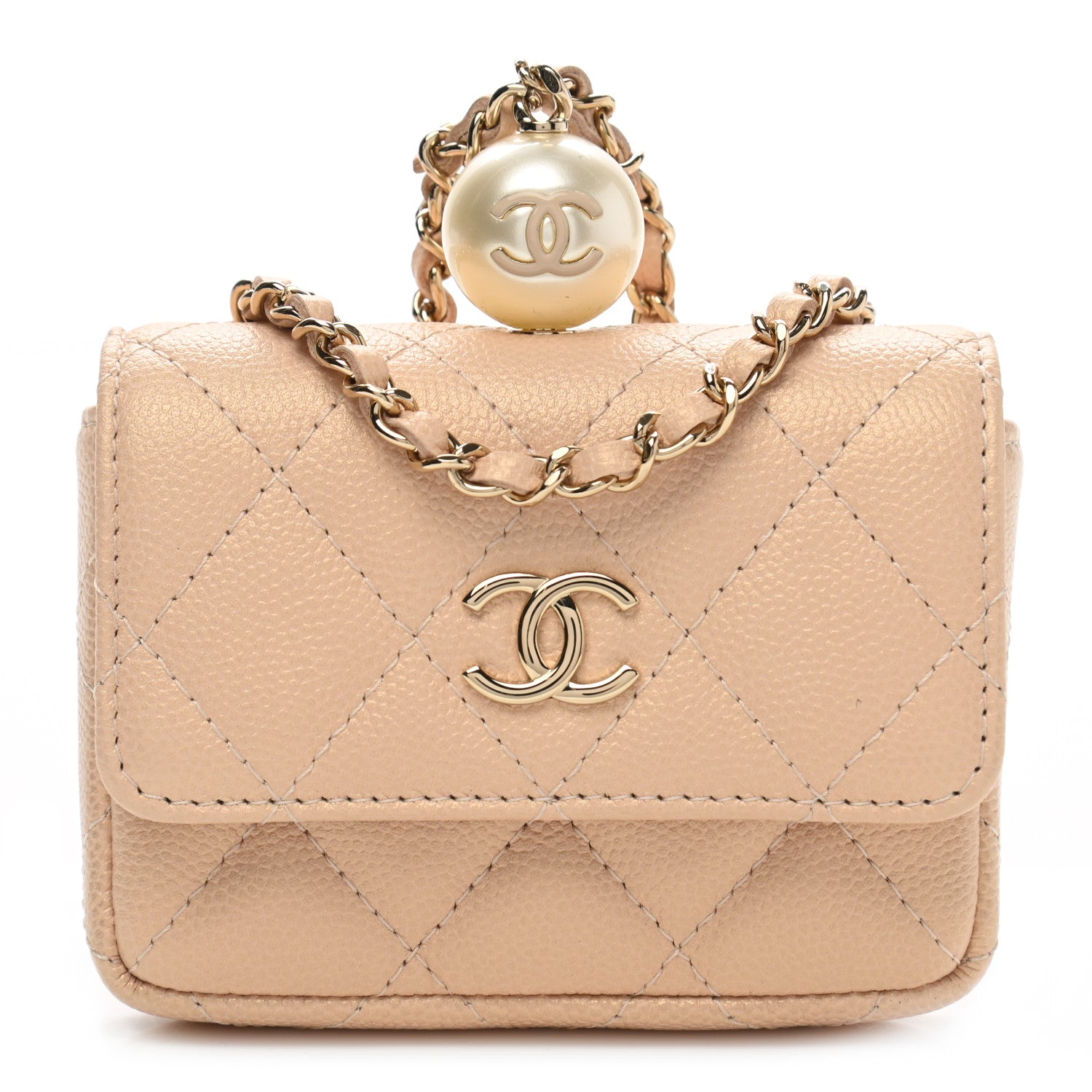 Chanel Iridescent Caviar Quilted Pearl Card Holder On Chain Beige 1 of 10