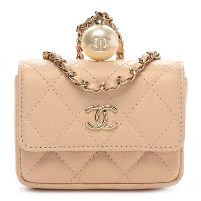 Chanel Iridescent Caviar Quilted Pearl Card Holder On Chain Beige 1 of 10