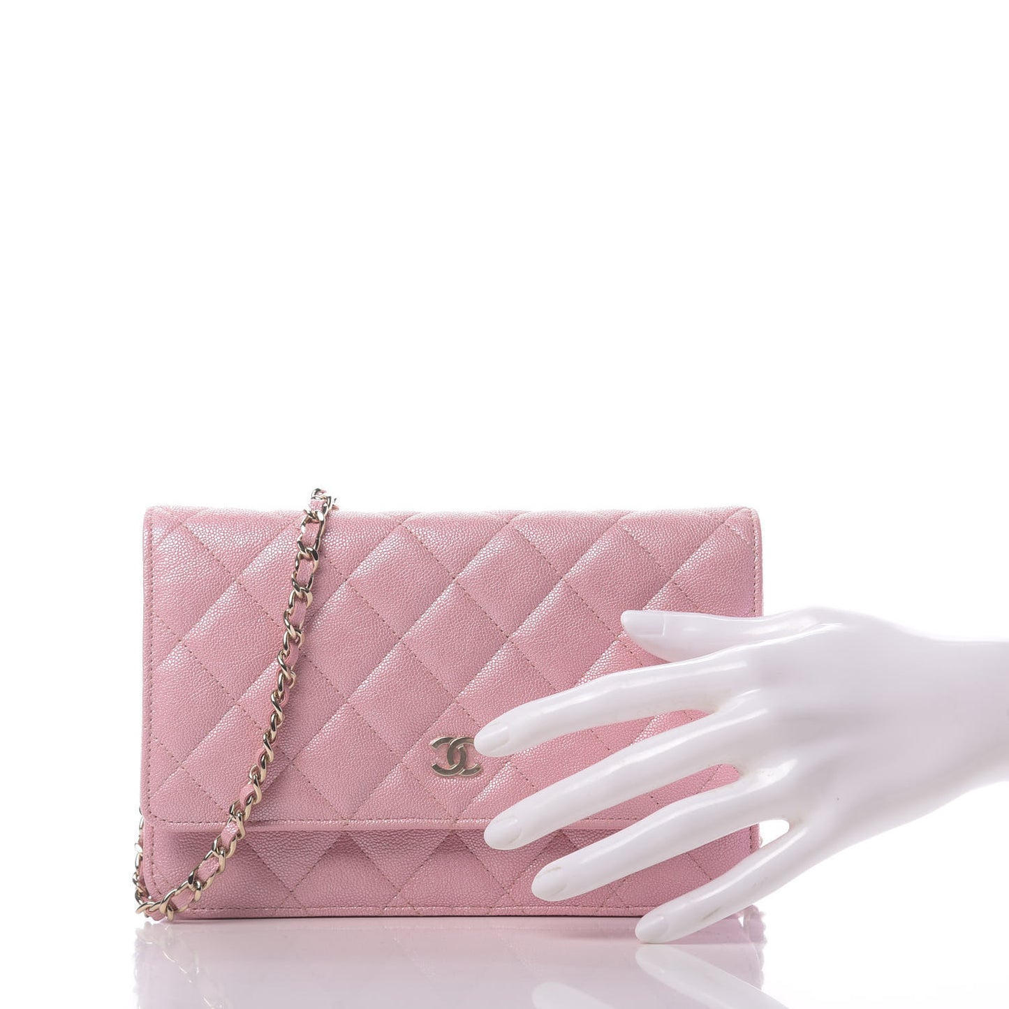 Iridescent Caviar Quilted Wallet on Chain WOC Rose Pink