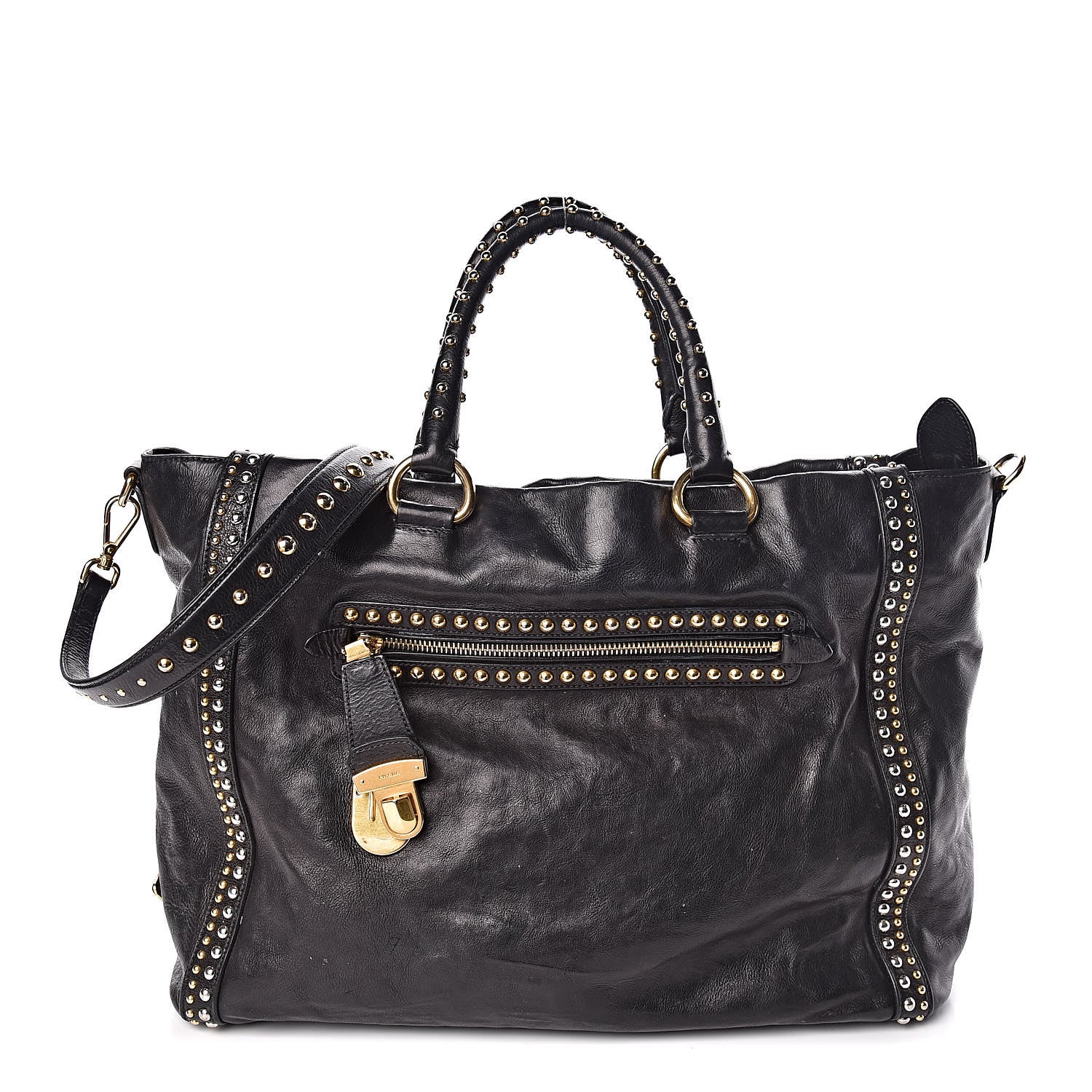 Prada Glace Calfskin Studded Shoulder Bag Black 1 of 14