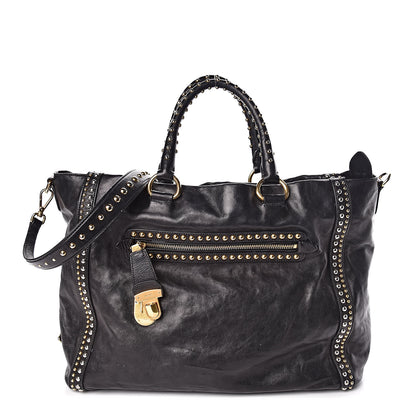 Prada Glace Calfskin Studded Shoulder Bag Black 1 of 14