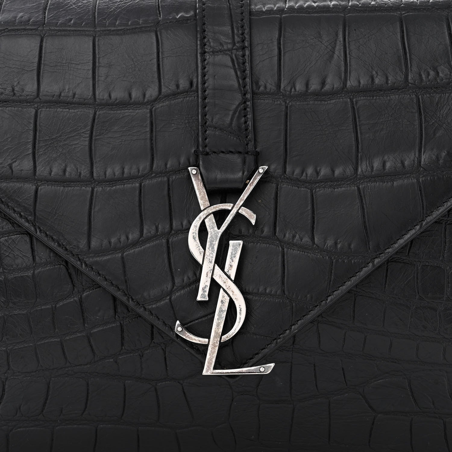 Saint Laurent Calfskin Crocodile Embossed Medium College Monogram Satchel Black 8 of 11