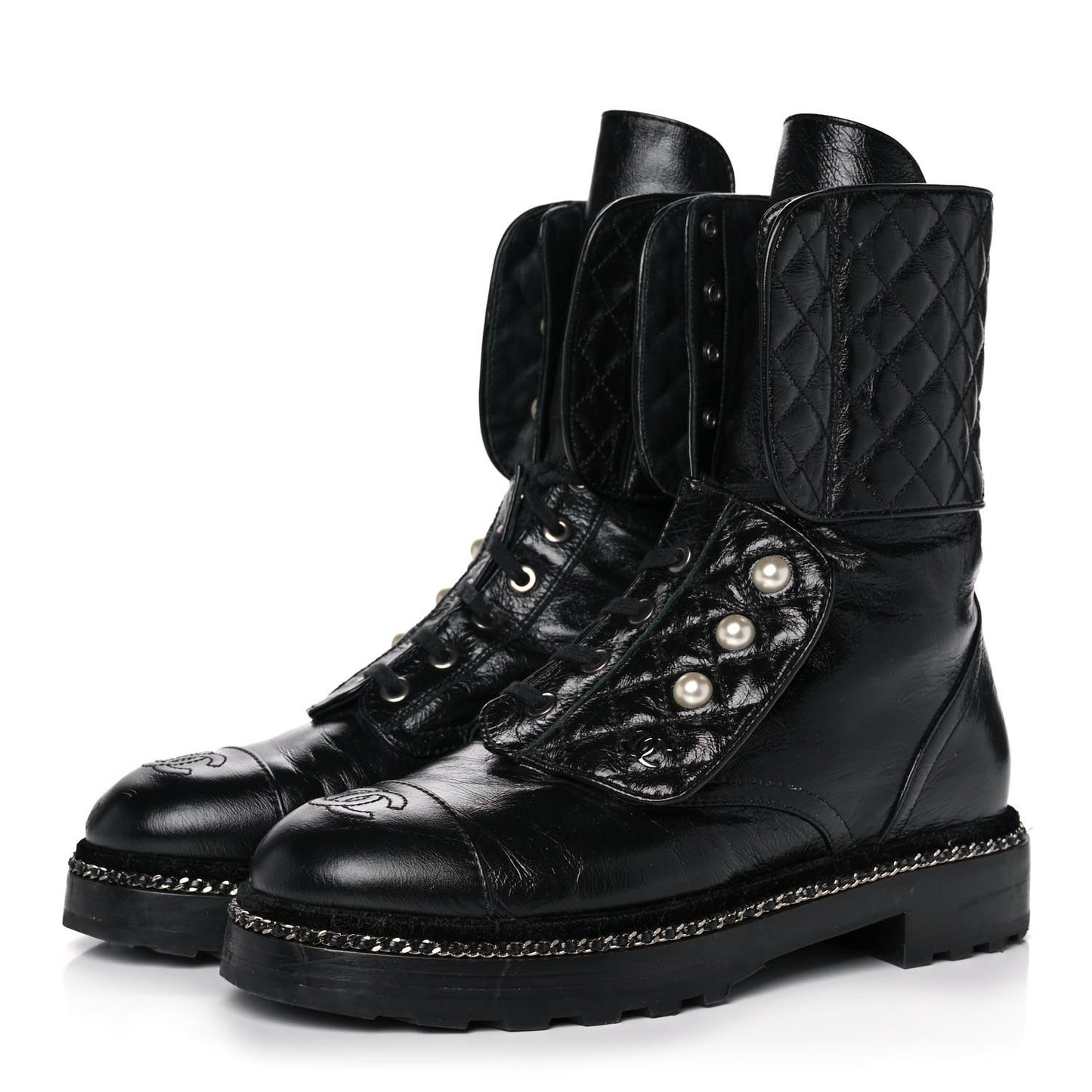 Crackled Calfskin Velvet Pearl Combat Ankle Boots 38 Black
