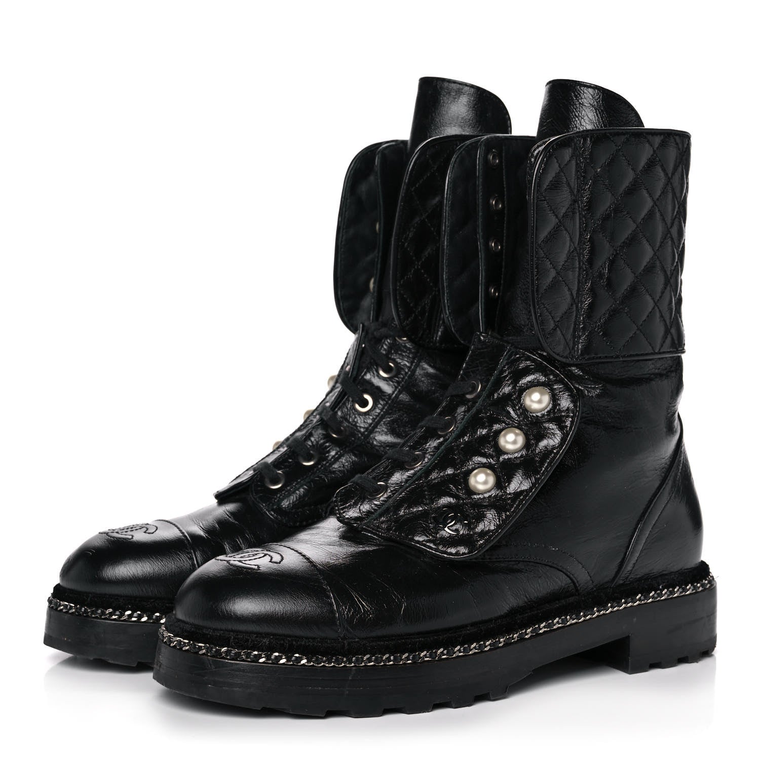 Chanel Crackled Calfskin Velvet Pearl Combat Ankle Boots 38 Black 3 of 9