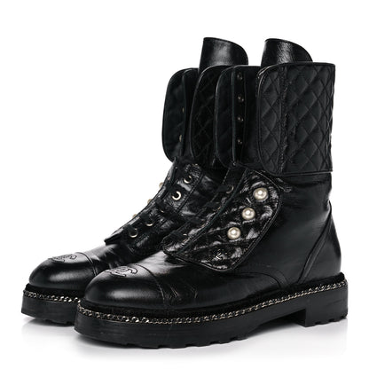 Chanel Crackled Calfskin Velvet Pearl Combat Ankle Boots 38 Black 3 of 9