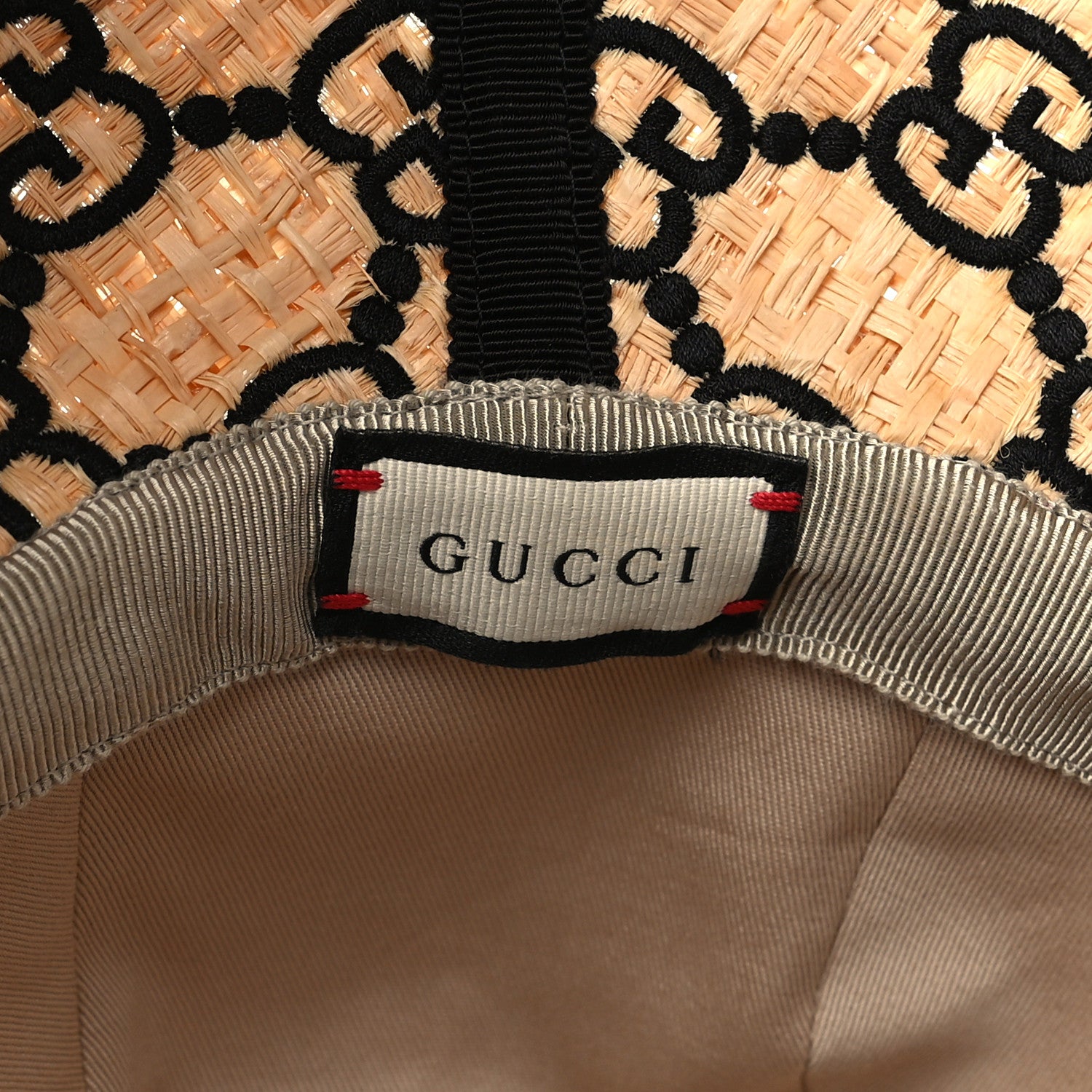 Gucci Raffia Elaphe GG Monogram Embroidered Wide Brim Hat Medium Ivory Black 8 of 9