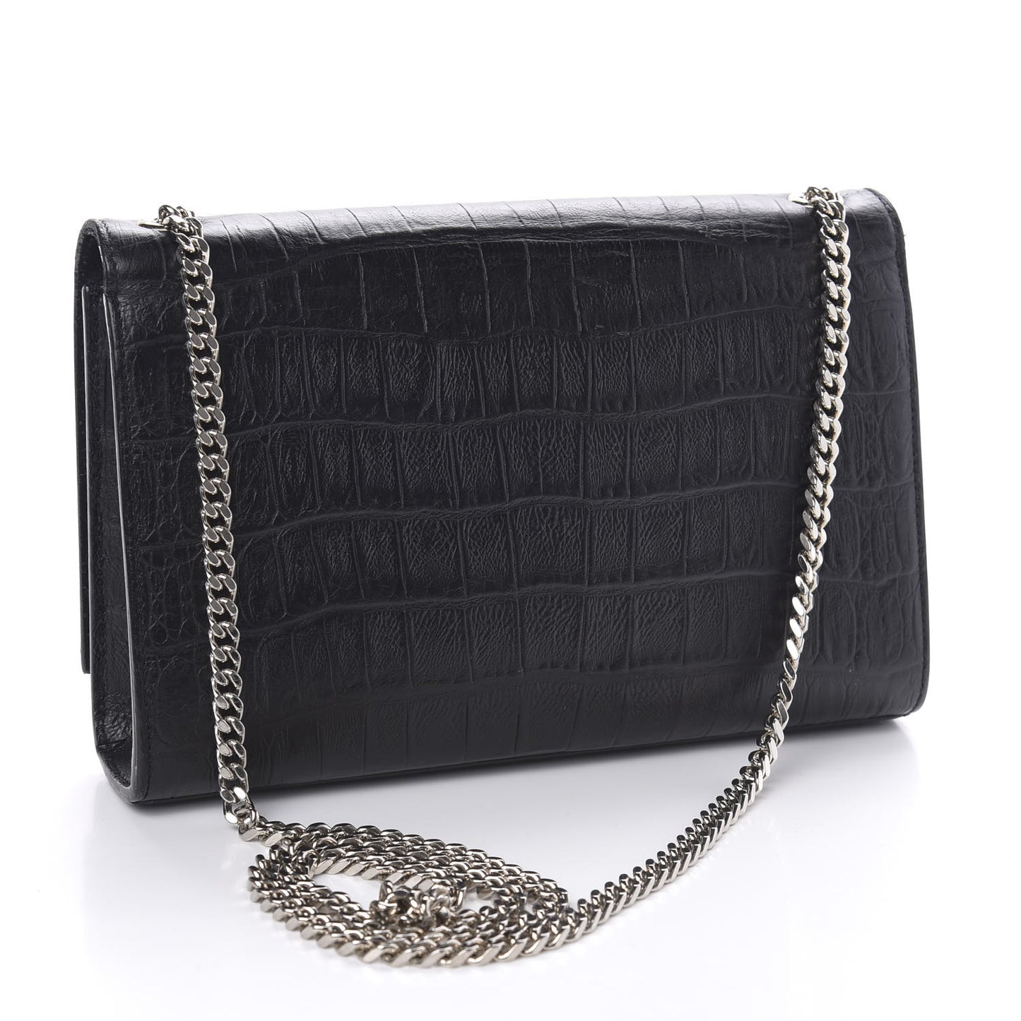 Calfskin Crocodile Embossed Medium Classic Monogram Kate Tassel Satchel Black