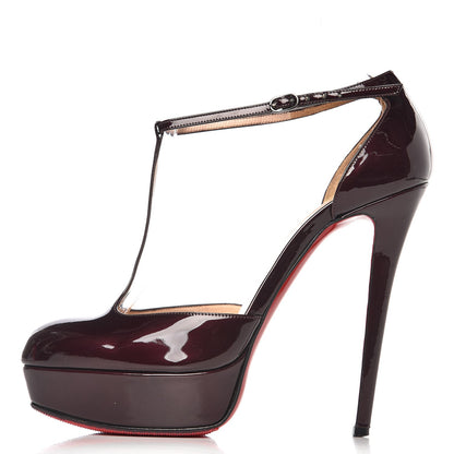 Christian Louboutin Patent Calfskin Top LA 140 T-Strap Platform Pumps 38.5 Burgundy 1 of 15