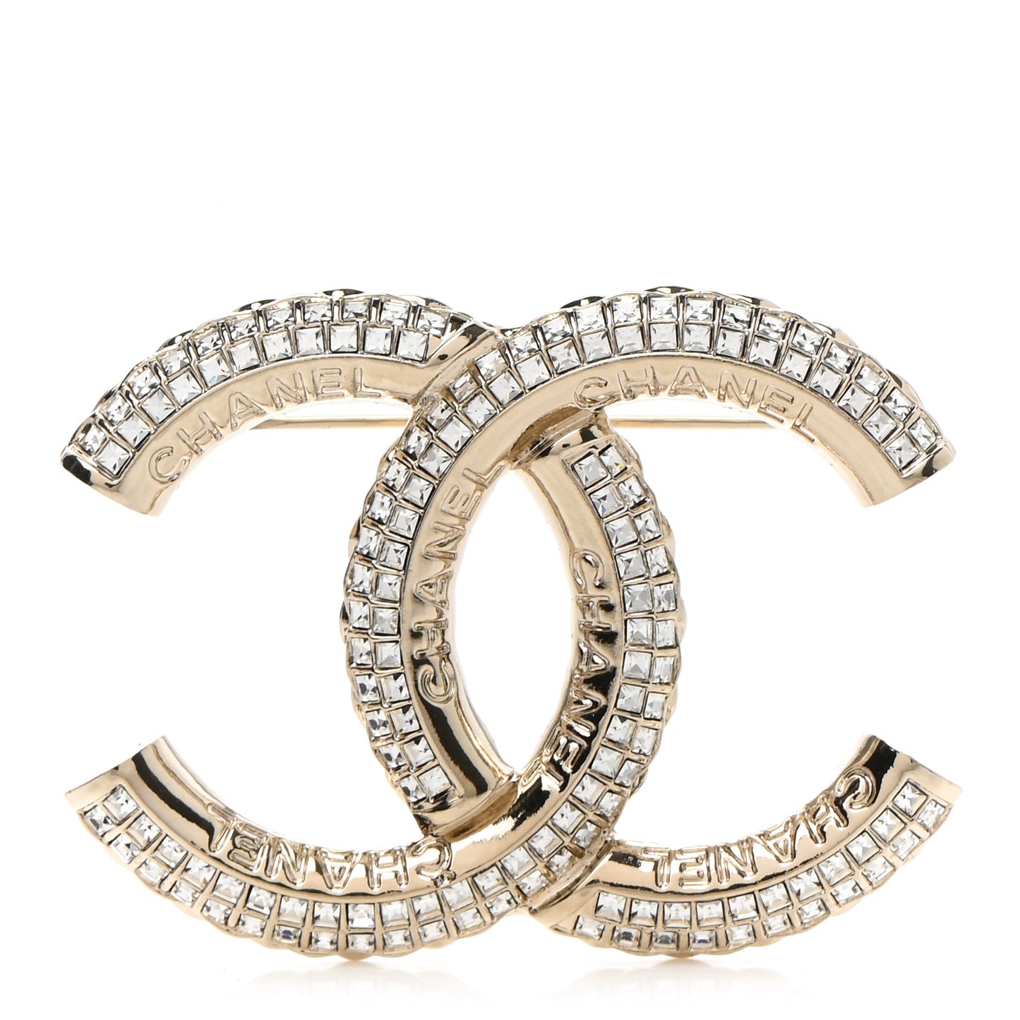 Metal Crystal Baguette CC Brooch Gold