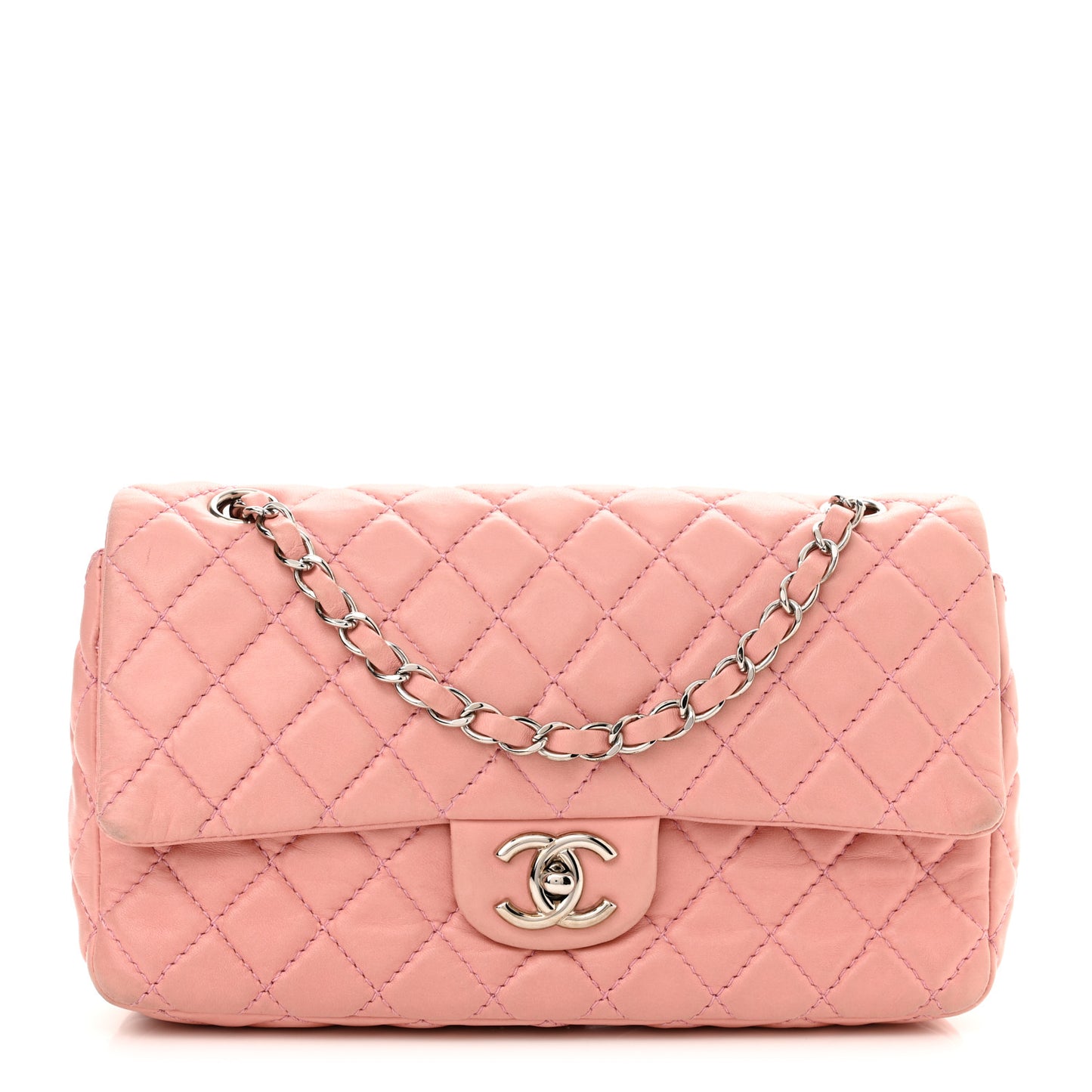 Lambskin Quilted Medium Double Flap Light Pink