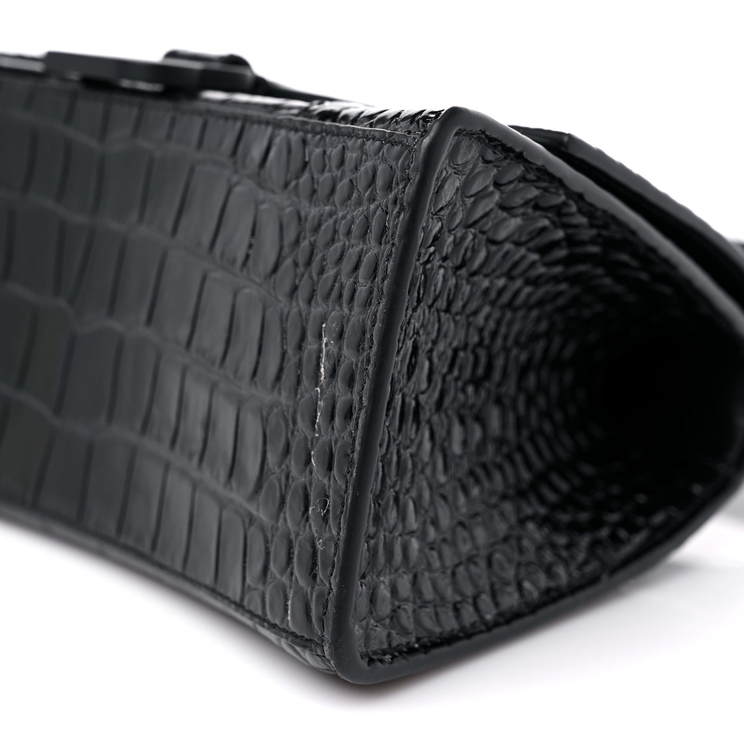 Shiny Calfskin Monochrome Crocodile Embossed Small Hourglass Top Handle Bag Black