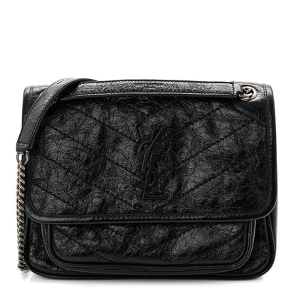 Saint Laurent Crinkled Calfskin Matelasse Monogram Baby Niki Chain Satchel Black 1 of 19