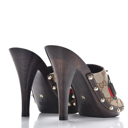 Gucci Monogram Natural Pigskin Web Icon Bit Platform Clog High Heel Slide Sandals 37 Beige Ebony Cocoa 4 of 9