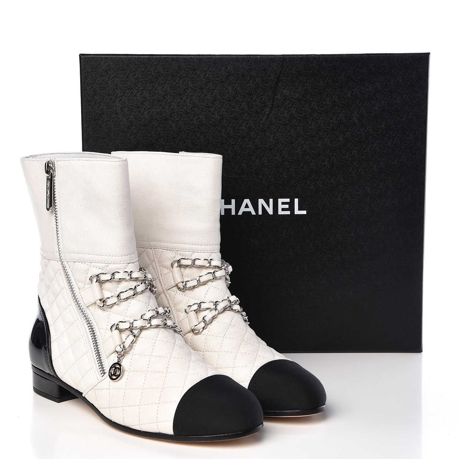 Chanel Lambskin Grosgrain Quilted Cap Toe Chain Boots 37.5 White Black 11 of 11
