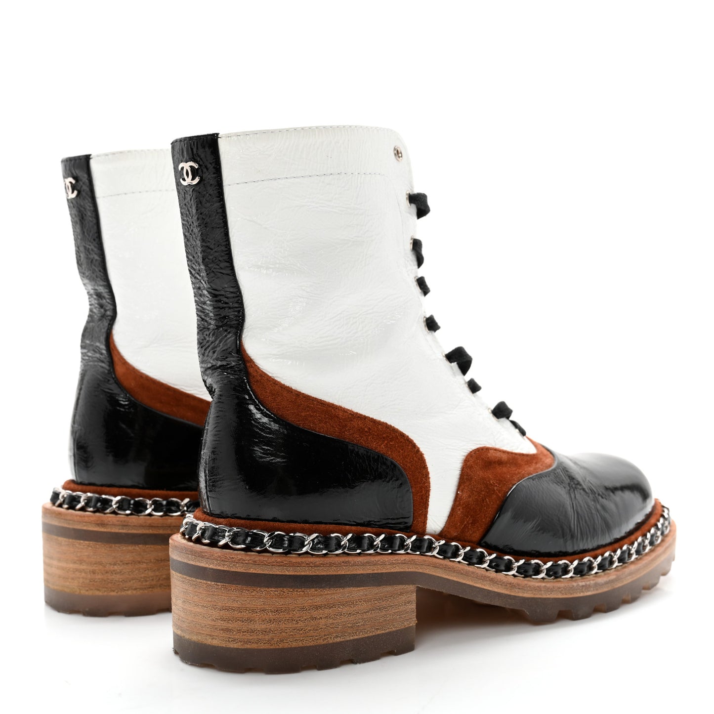 Patent Suede Lace Up Chain Boots 35.5 White Black