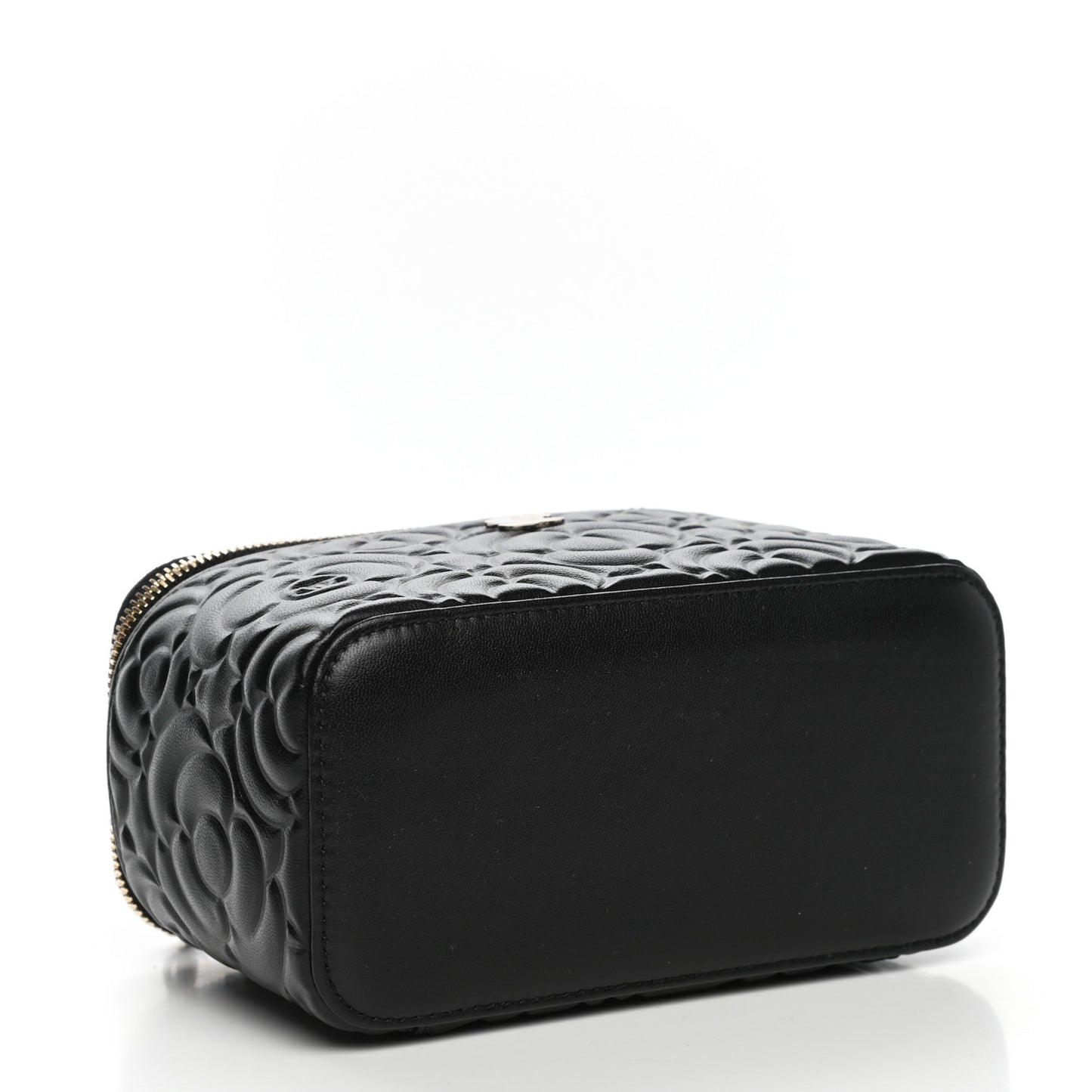 Goatskin Camellia Embossed Quilted Small Vanity Case With Chain Black