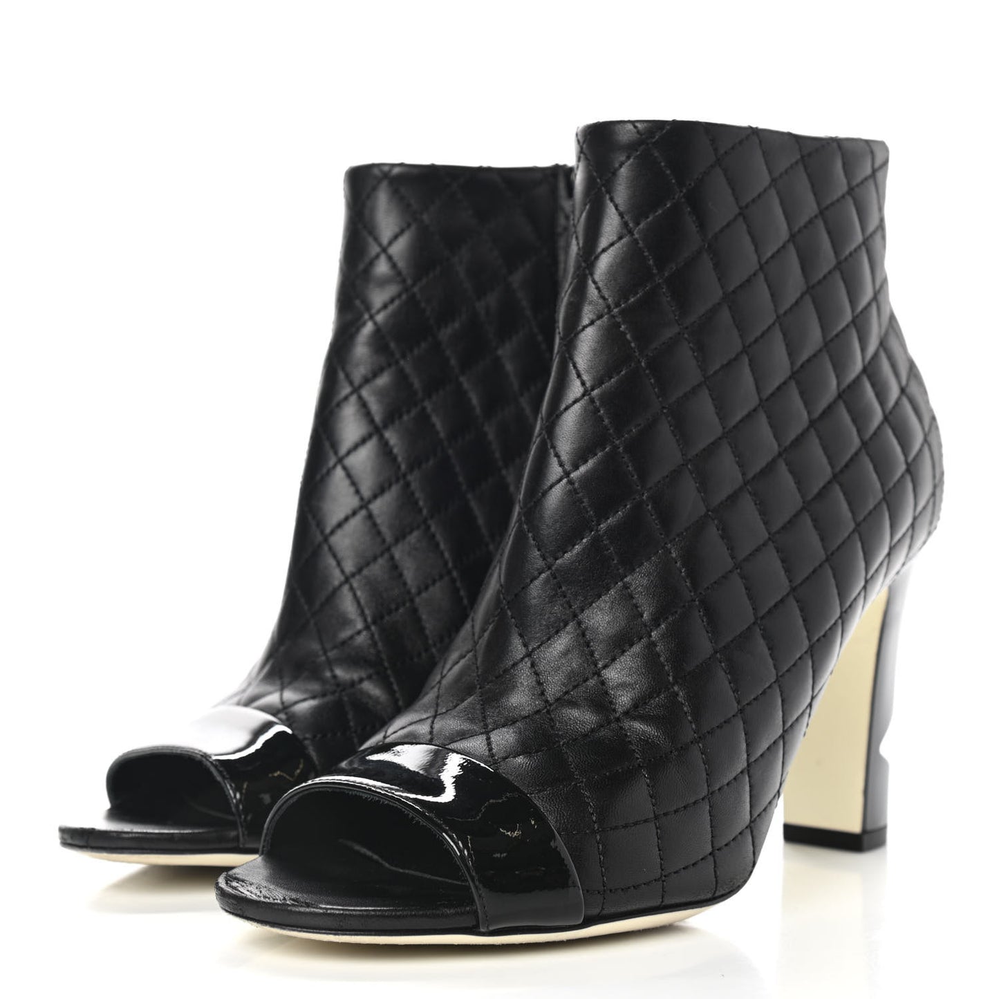 Lambskin Quilted Patent Short Boots 37.5 Black