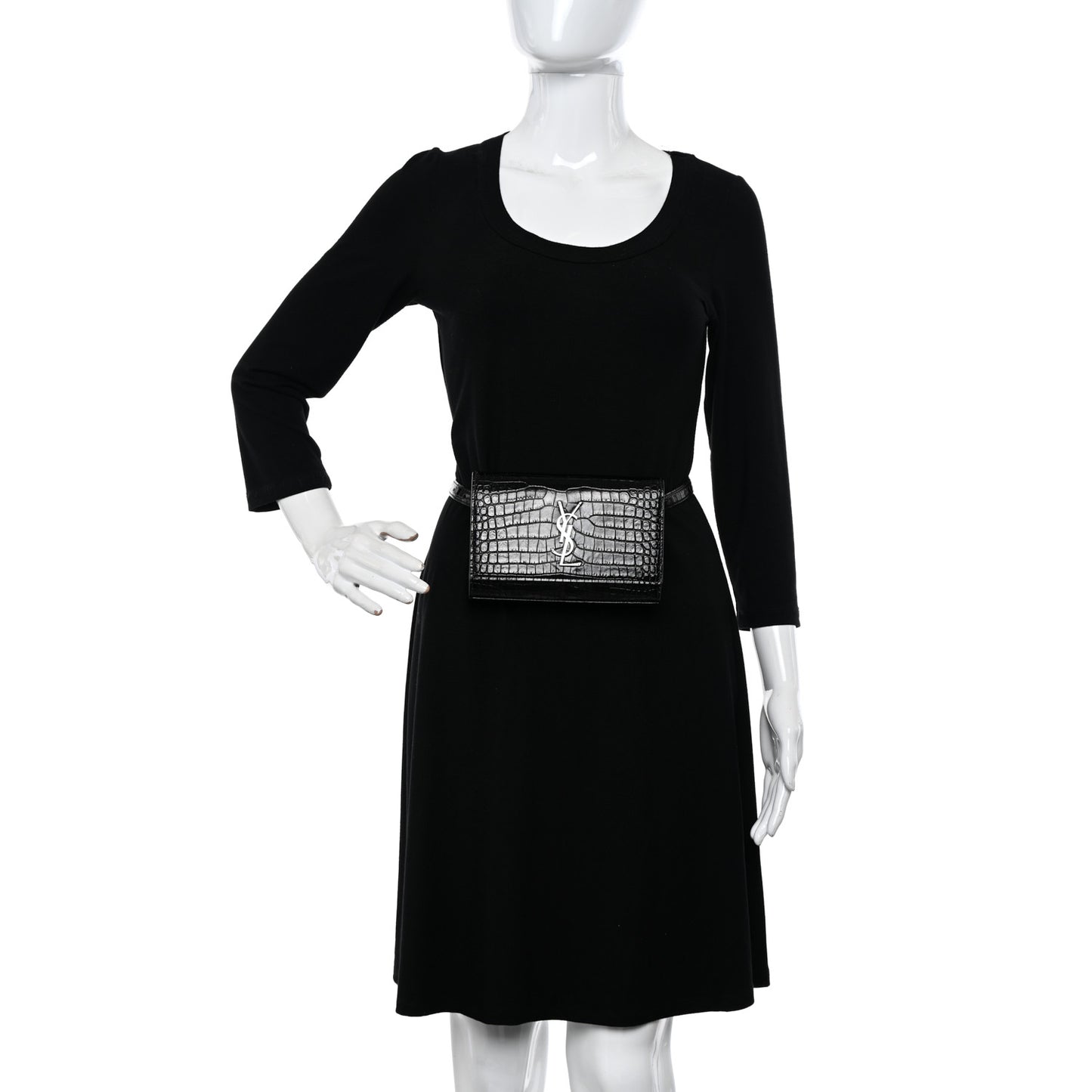 Calfskin Crocodile Embossed Monogram Kate Belt Bag Black