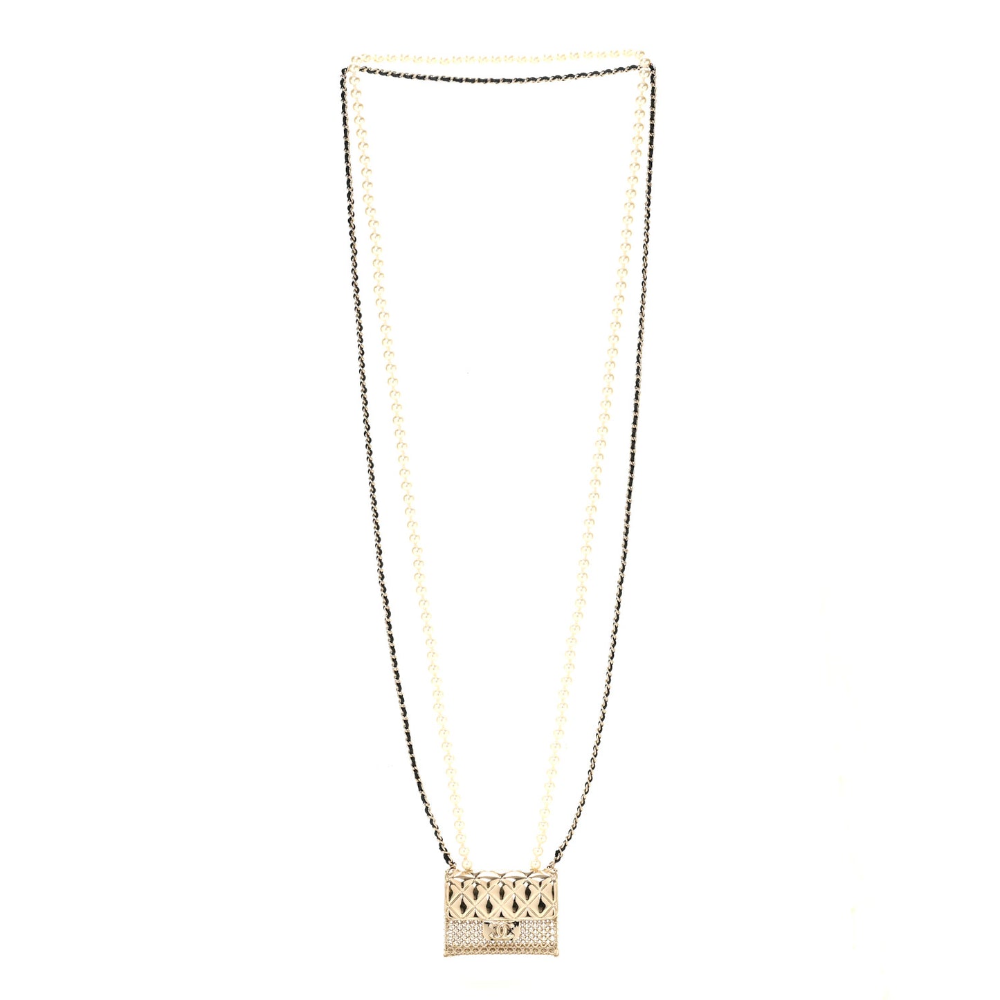 Metal Lambskin Pearl Chain Flap Bag Long Necklace Gold Black Pearly White