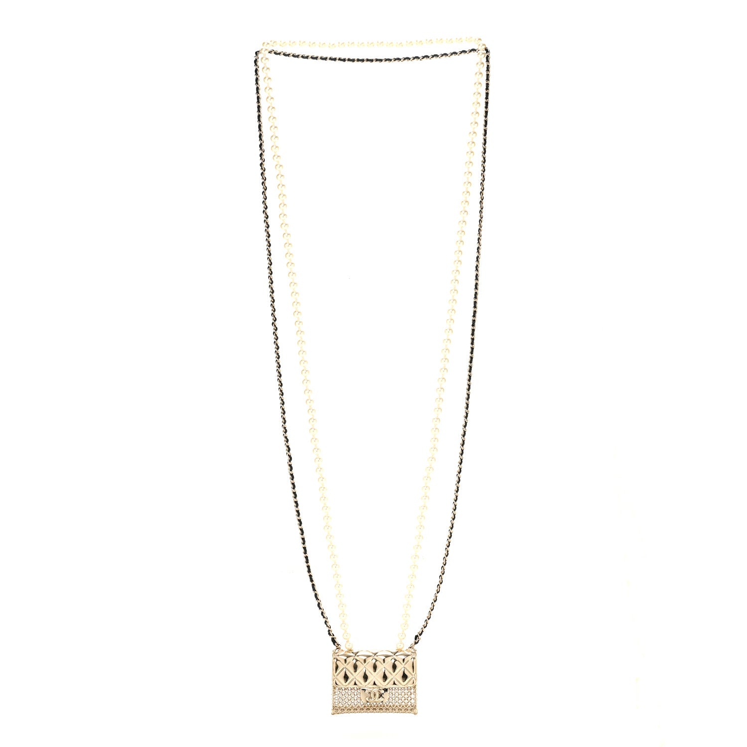 Chanel Metal Lambskin Pearl Chain Flap Bag Long Necklace Gold Black Pearly White 3 of 5