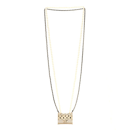 Chanel Metal Lambskin Pearl Chain Flap Bag Long Necklace Gold Black Pearly White 3 of 5