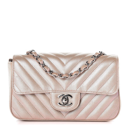 Chanel Iridescent Caviar Chevron Quilted Mini Rectangular Flap Light Gold 2 of 15
