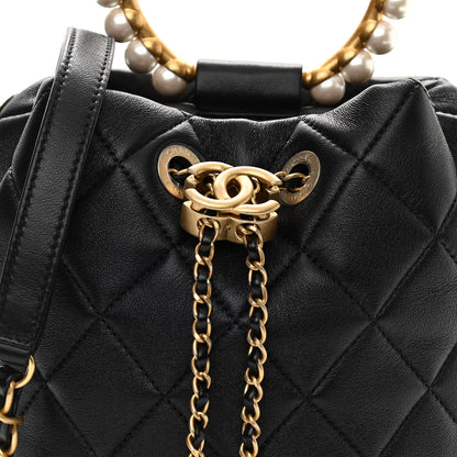Chanel Lambskin Quilted Pearl Crown Drawstring Bag Black 8 of 11