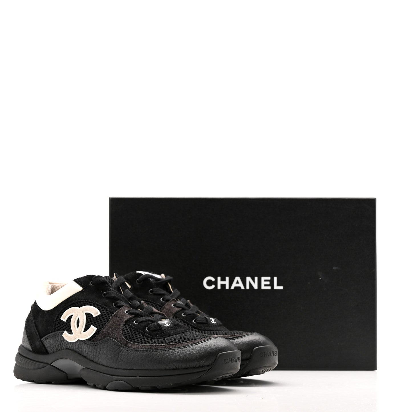 Mesh Suede Grained Calfskin Womens CC Sneakers 40.5 Black White