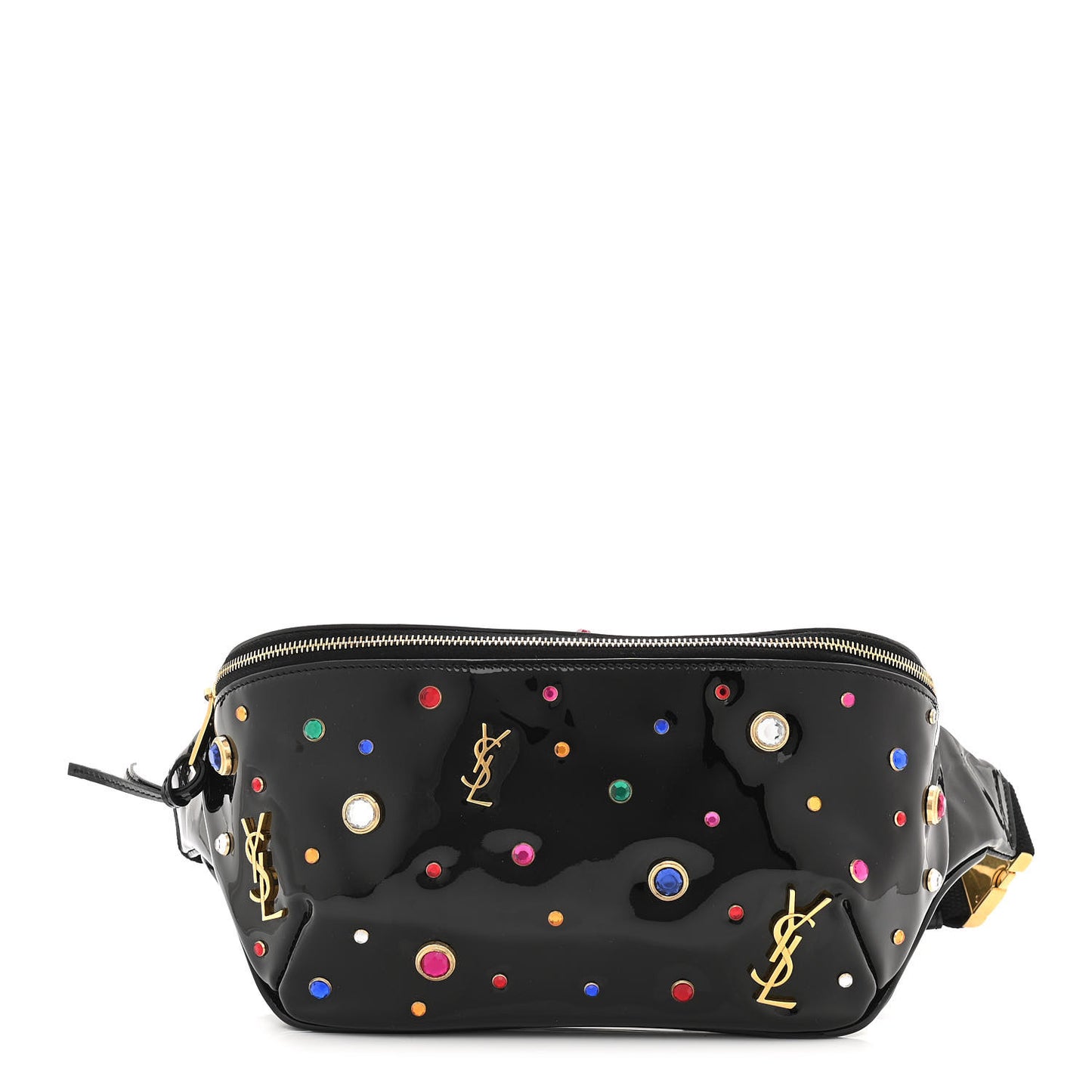 Patent Calfskin Crystal Embellished Monogram Belt Bag Black
