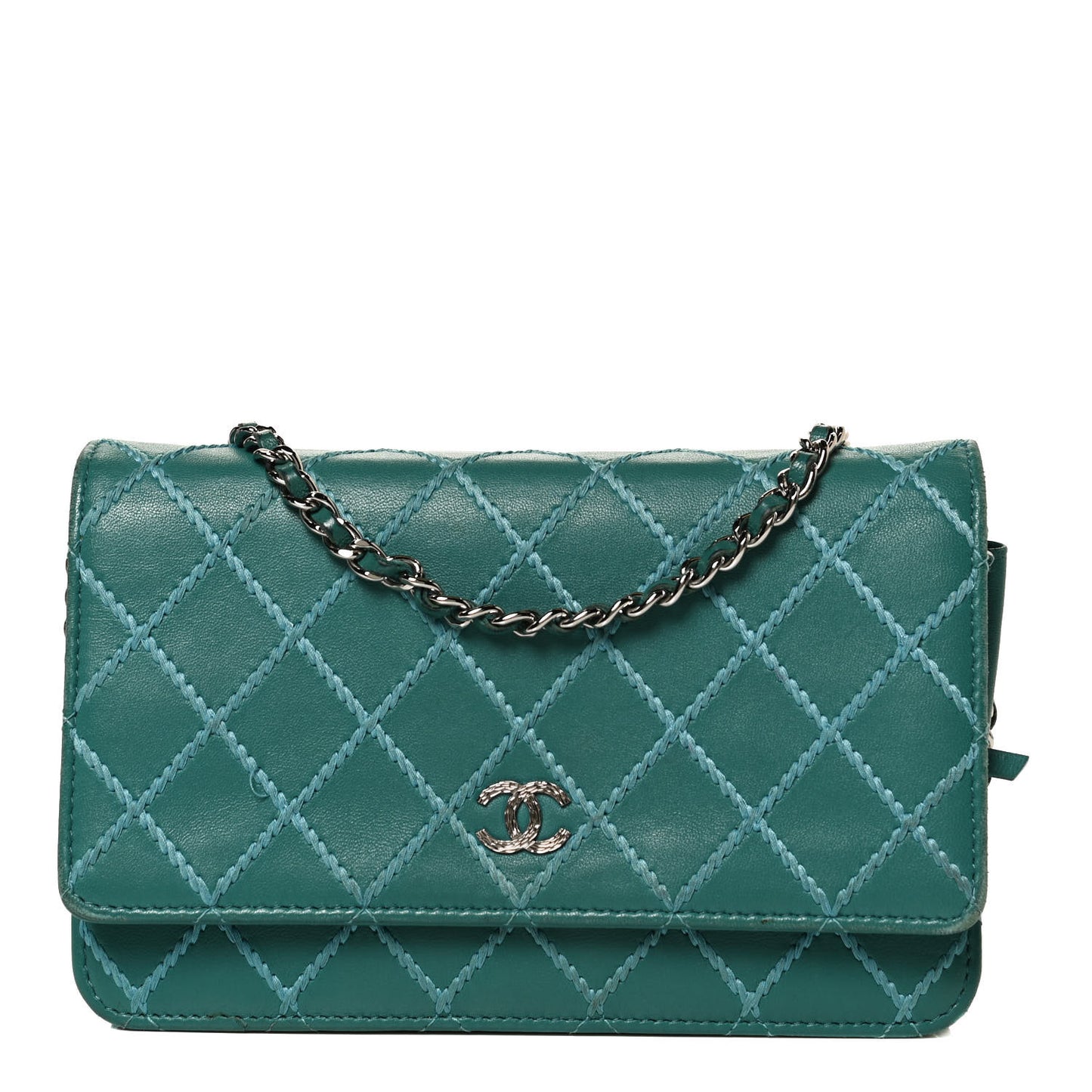 Calfskin Diamond Stitch Wallet On Chain WOC Turquoise