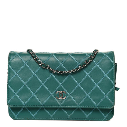 Chanel Calfskin Diamond Stitch Wallet On Chain WOC Turquoise 1 of 13