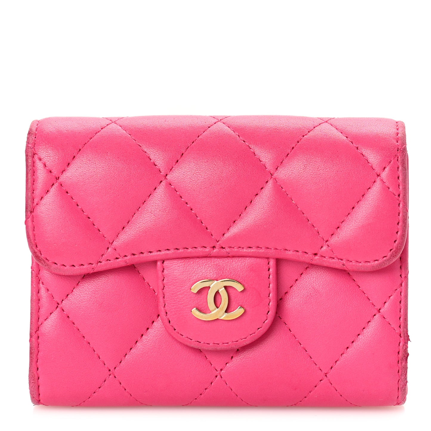 Lambskin Quilted Flap Card Holder Wallet Pink