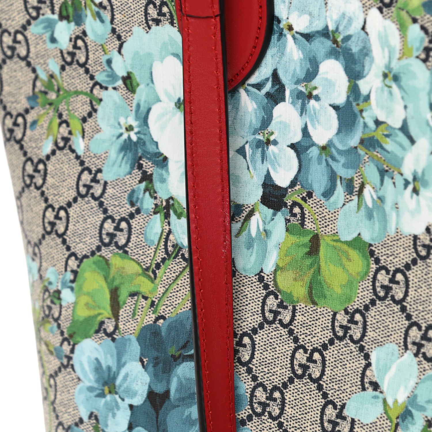 Gucci GG Supreme Monogram Blooms Medium Zippered Bucket Tote Beige Blue Navy Hibiscus Red 13 of 14