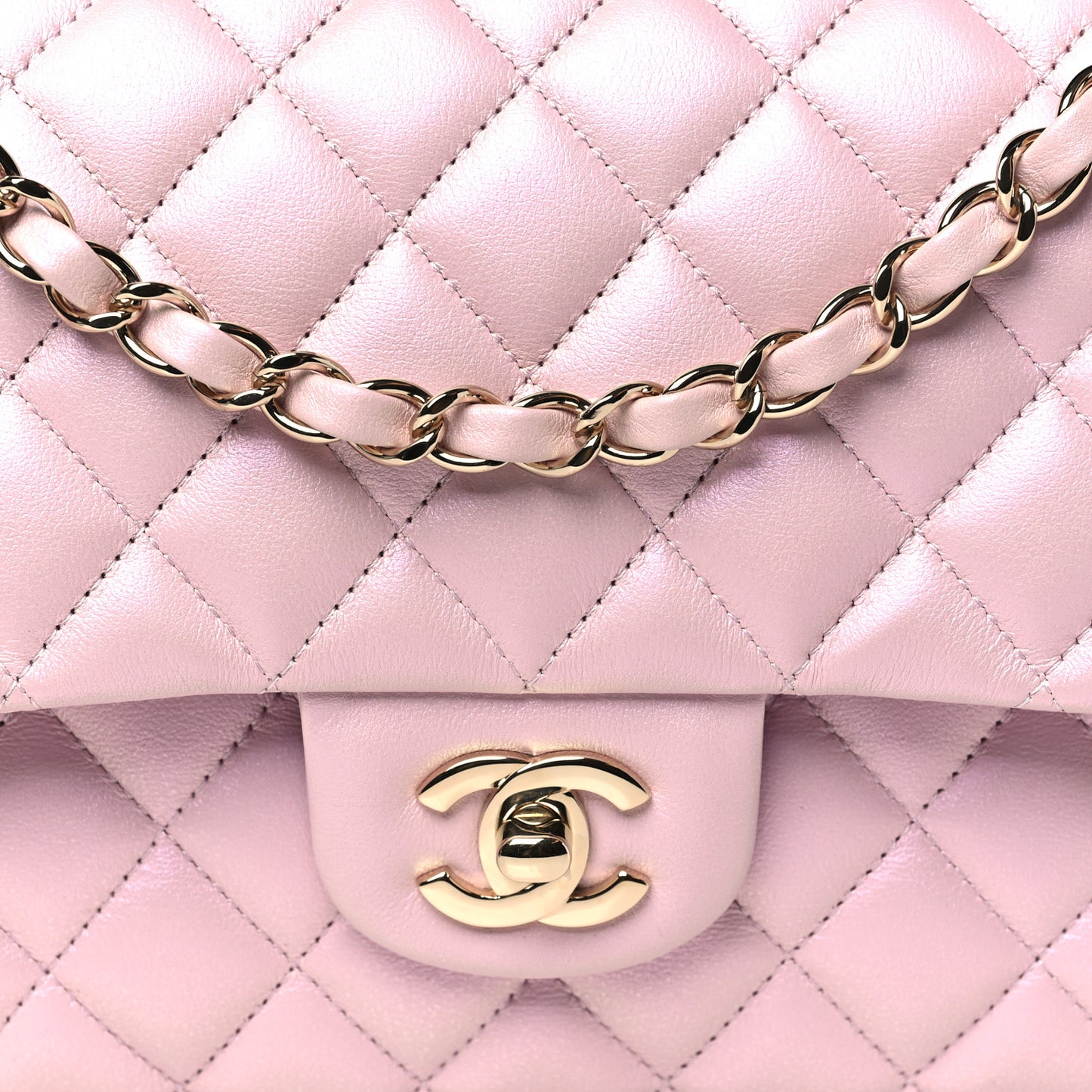Iridescent Calfskin Quilted Medium Double Flap Light Pink