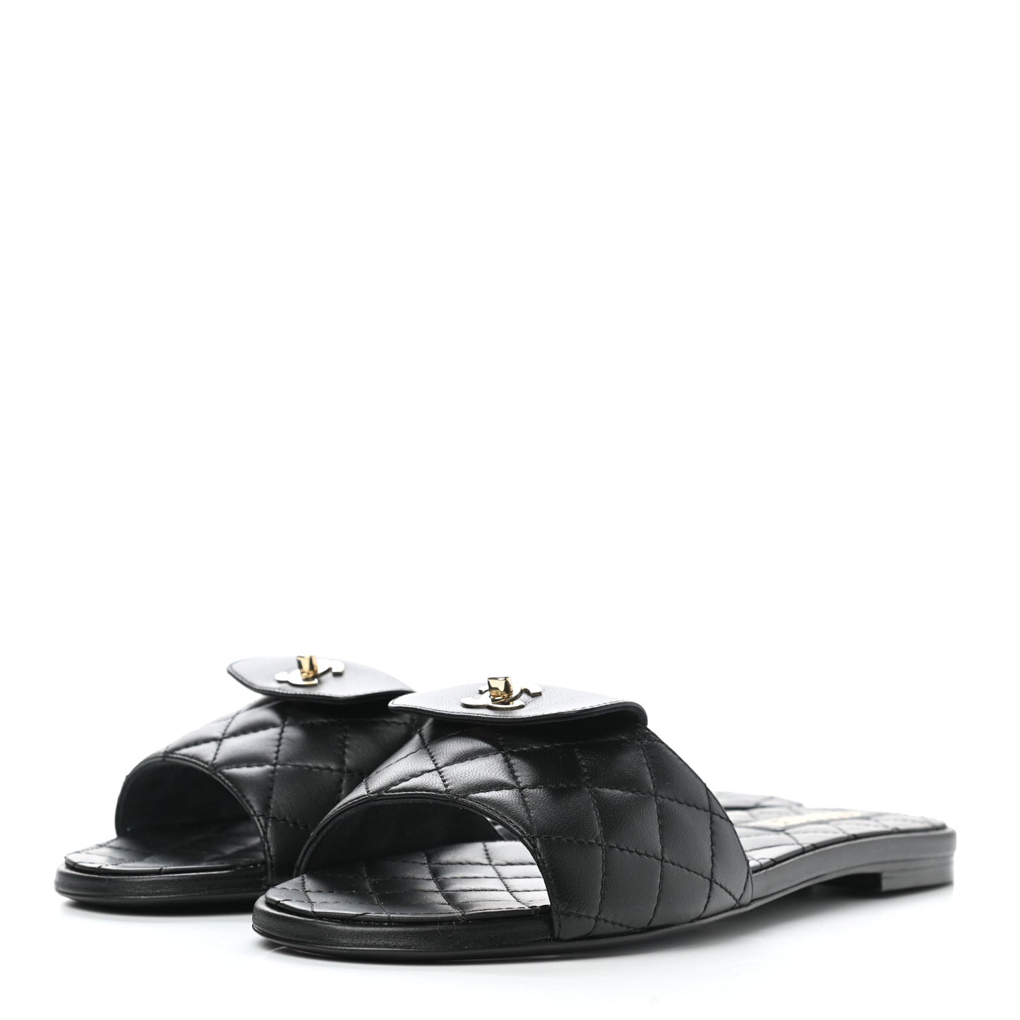 Lambskin Quilted CC Turnlock Sandals 40.5 Black
